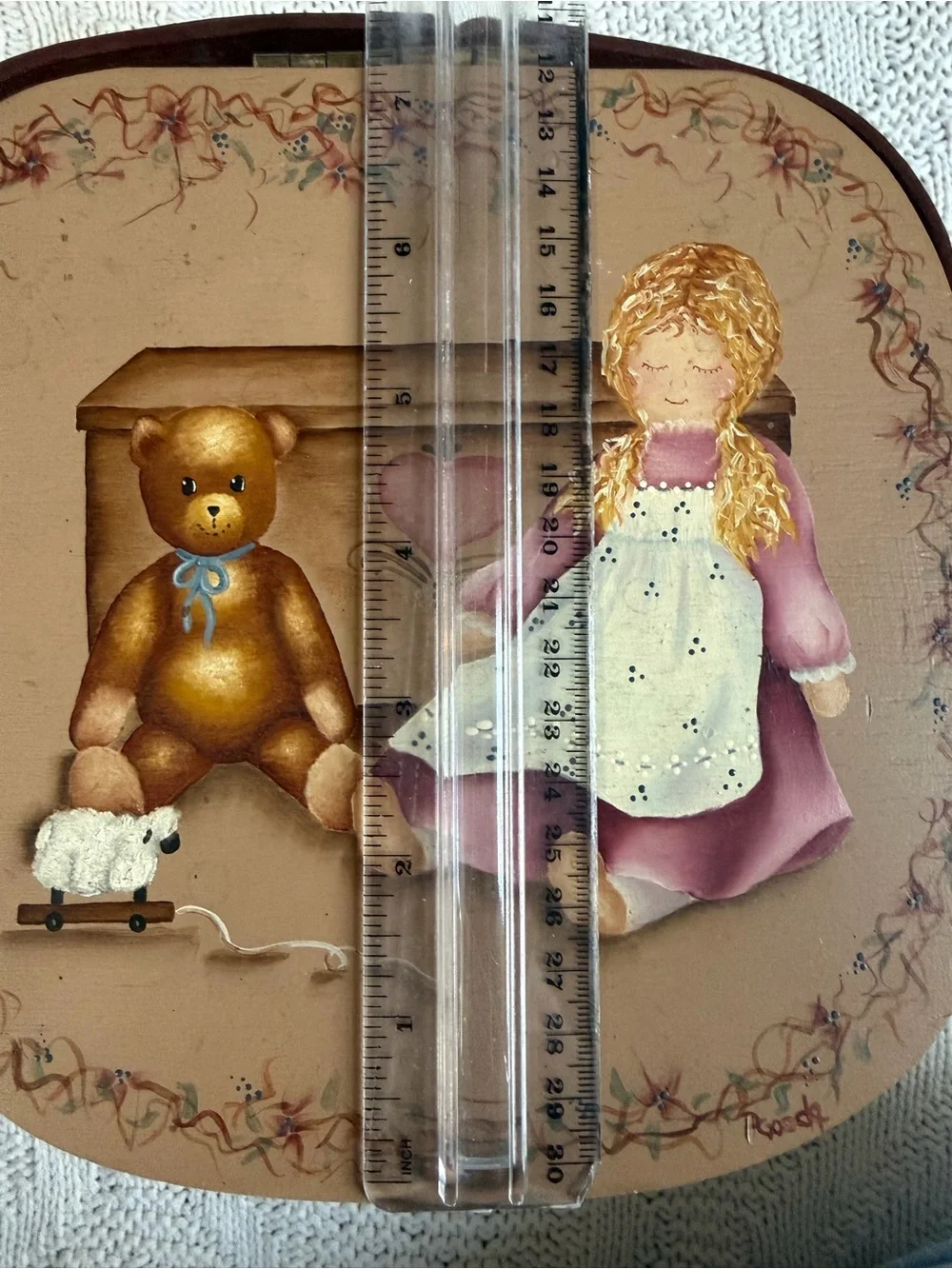 Hand-Painted Beige and Purple Decorative Picnic Basket
